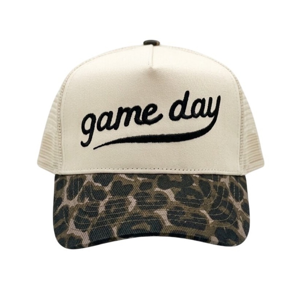 Friday Feelin Trucker Hat Womens OS Cream Leopard Game Day Snapback Cap. NEW.
